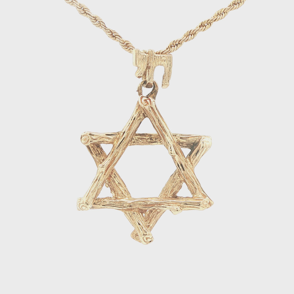 Estate Late 20th Century 14K Yellow Gold Star of David Pendant Textured Openwork 29mm