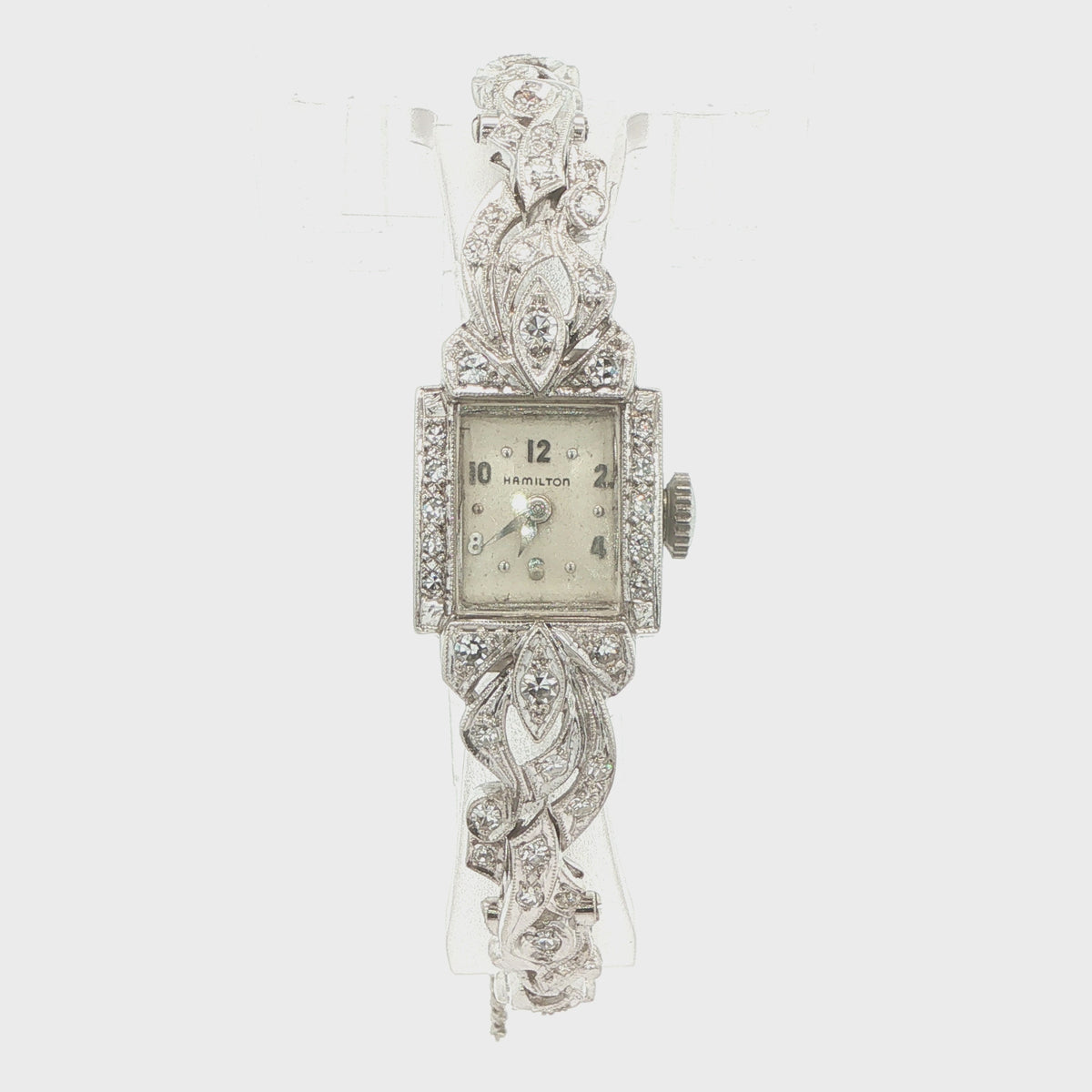 1950s–1960s Estate Hamilton 14K White Gold Natural Diamond Cocktail Watch with Safety Chain