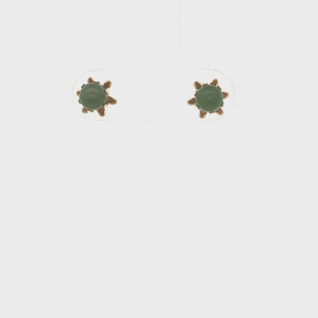 14K Yellow Gold Jade Stud Earrings – Modern Era – Round Cabochon