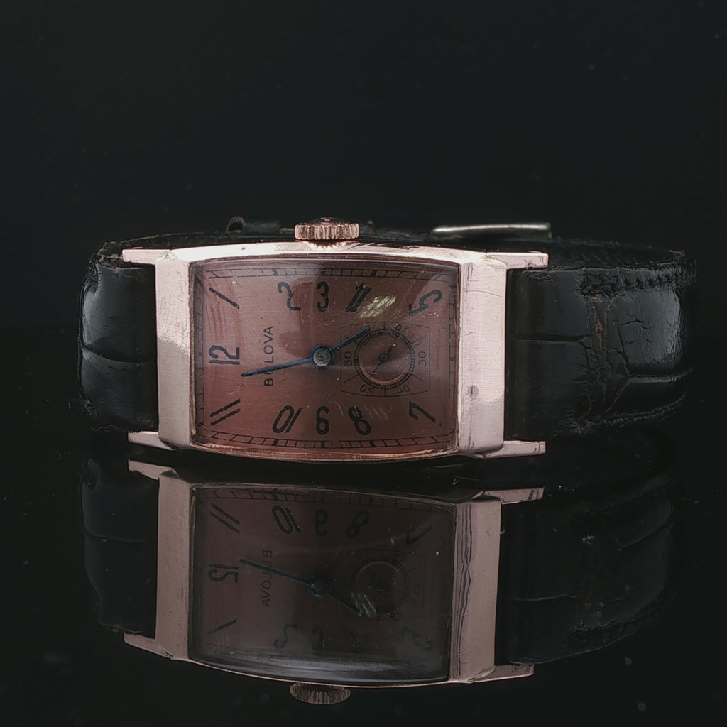 14K Vintage Rose Gold Tank Style Bulova Watch