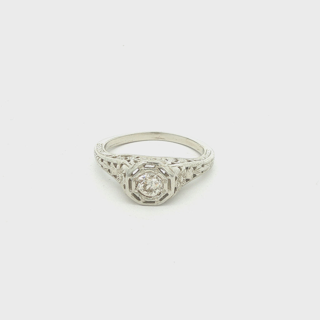Estate Vintage Circa 1925 14K White Gold Old Mine Cut Diamond Filigree Ring Size 5