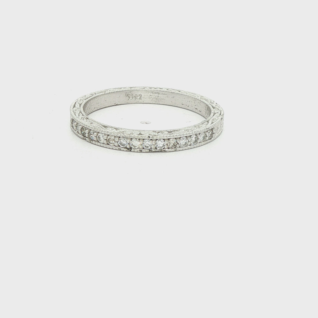 Estate 14K White Gold Diamond Carved Band Ring 0.20 CTW Size 9
