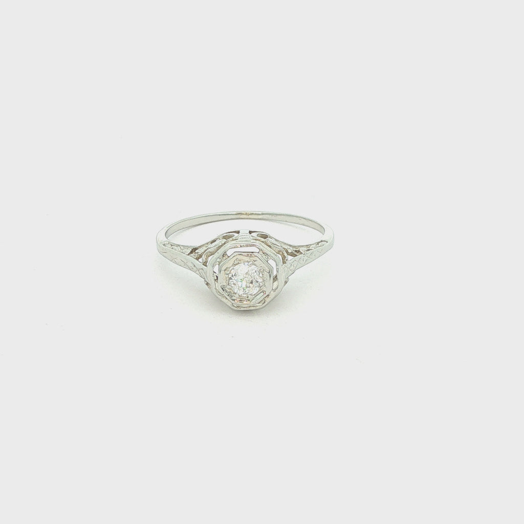 Estate 1910s Edwardian 18K White Gold Filigree Mine Cut Diamond Engagement Ring Size 6