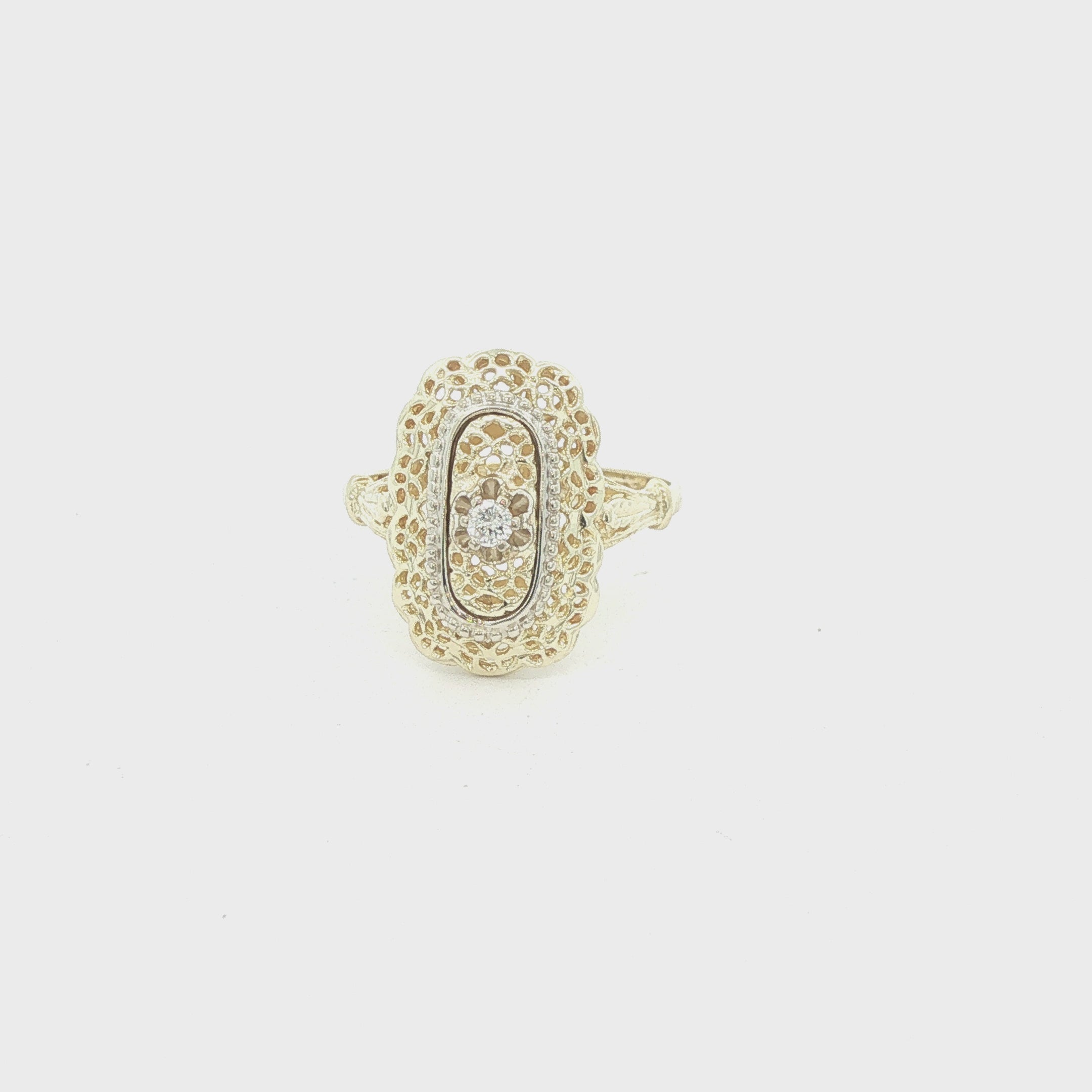 Estate 1920s Art Deco Style 14K Yellow Gold Filigree Diamond Ring Size 5