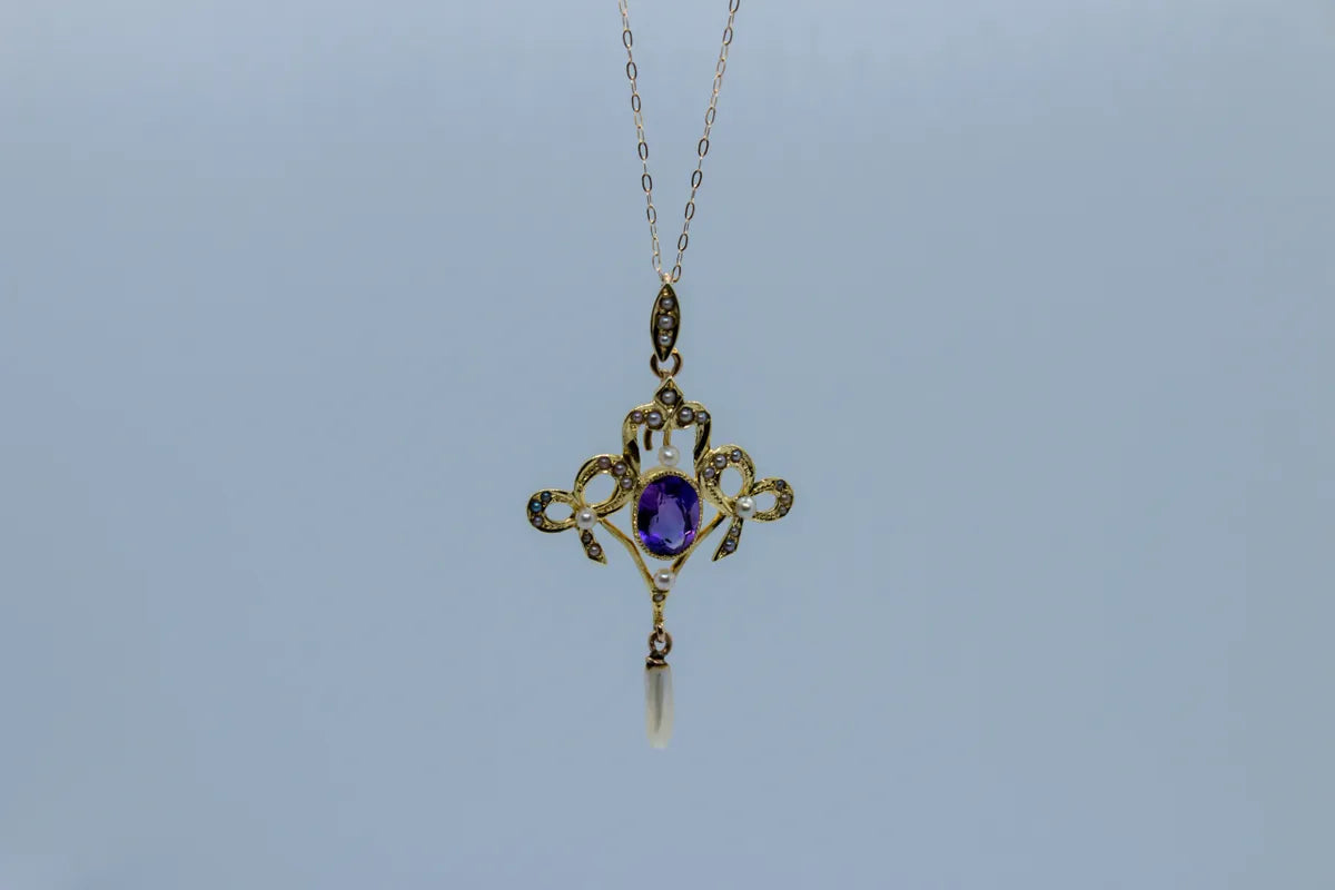14 K Y/G Amethyst, Pearl Estate Necklace