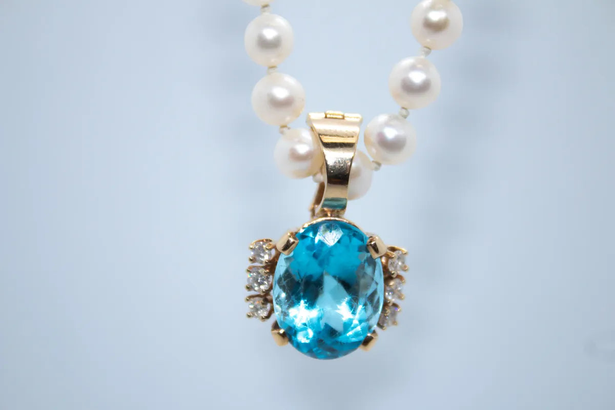 14K Yellow Gold Blue Topaz and Diamond Custom Designed Enhancer