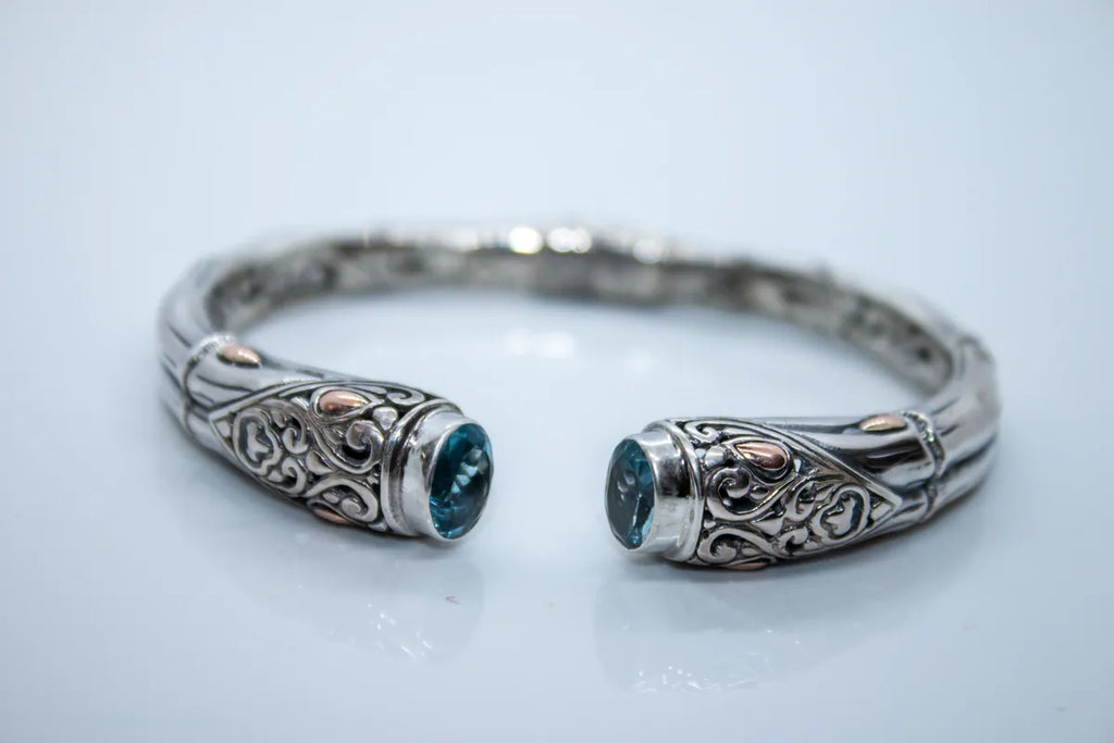 Sterling Silver 18K Rose Gold Topaz Bamboo Bangle